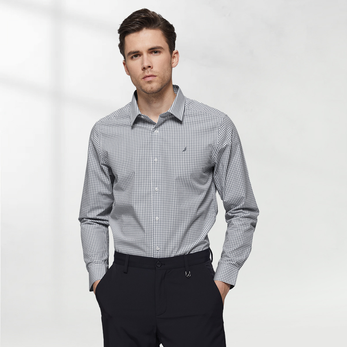 8543890.Nautica Tailored秋季男式纯棉长袖衬衣商务格子正装衬衫