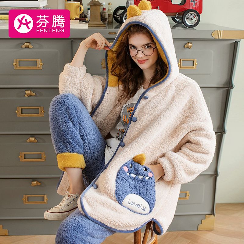 9543859.芬腾【个性连帽撞色】新品冬季暖和泡泡绒女士家居服内衣女士睡衣