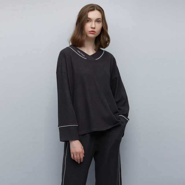 8575599.Nautica Intimates 含桑蚕丝女士V领家居服长袖长裤睡衣套装