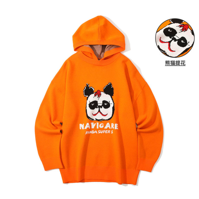 8606652.潘粤明联名款 意大利小帆船 男女同款熊猫提花保暖连帽卫衣