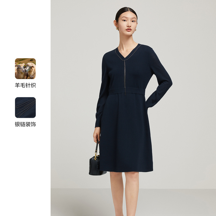 8609139.JZ玖姿美丽诺羊毛针织裙女装2022冬季新款气质V领优雅收腰连衣裙