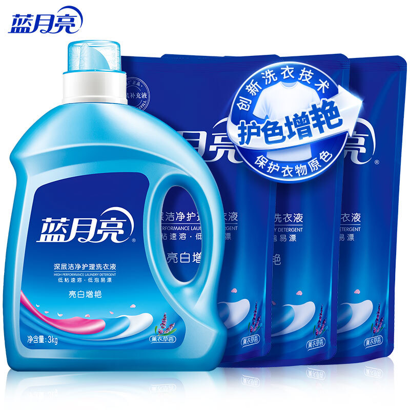 12265798.蓝月亮洗衣液12斤套装：亮白增艳薰衣草3kg瓶+1kg袋*3