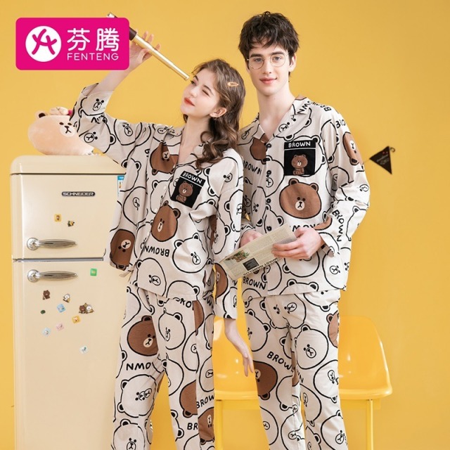8727617.芬腾【情侣布朗熊联名套装】春夏时尚翻领英文纯棉家居服内衣男士睡衣男