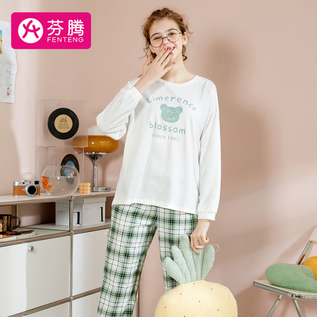 11814437.【清仓福利 售完无补】芬腾【纯棉格纹套装】春夏服贴圆领轻柔时尚女士家居服内衣女士睡衣女