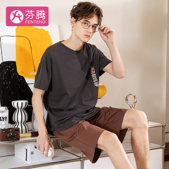 11136321.芬腾【纯棉时尚休闲套装】春夏圆领短袖个性英文柔软透气男士家居服男士睡衣