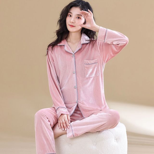 8745509.【舒适金丝绒】睡衣女士家居服套装春夏休闲开衫翻领长袖长裤外穿