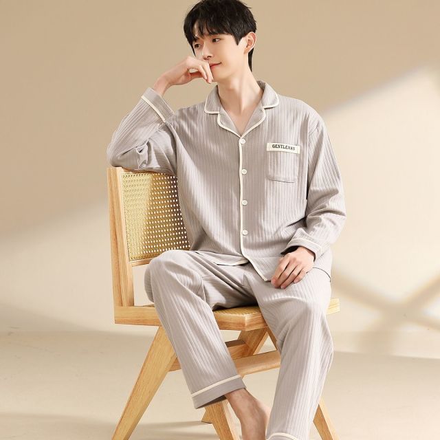 8748778.【春夏新品 100%纯棉】男士睡衣男家居服套装长袖长裤看外穿