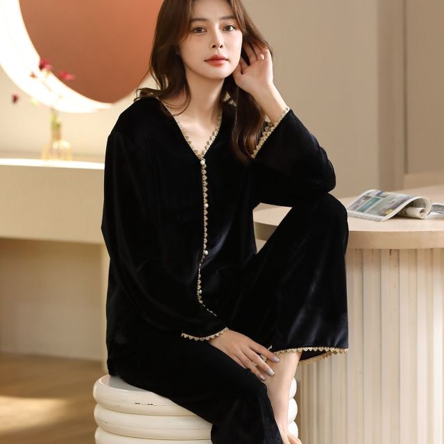 8747564.【舒适金丝绒】女士睡衣女家居服春夏新款休闲开衫长袖长裤可外穿