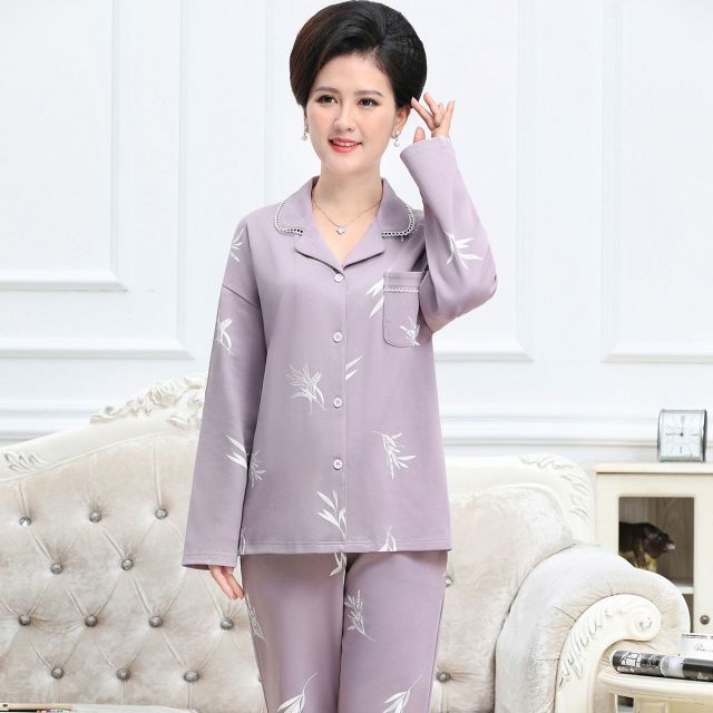 8749112.【100%棉】睡衣女妈妈中老年春夏开衫翻领女士睡衣家居服套装