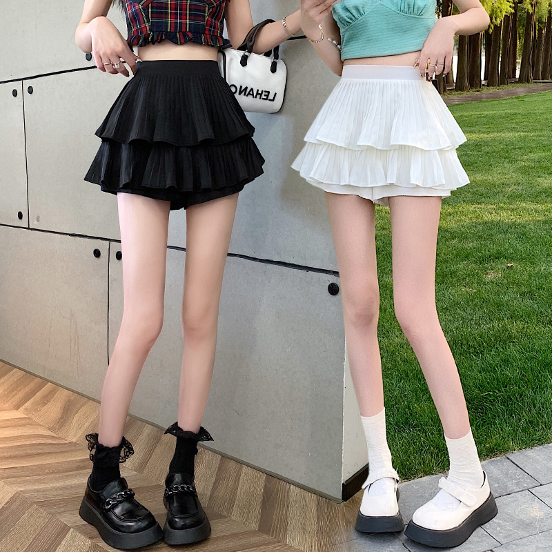 8757925.短裙女夏季2026新款百搭高腰a字显瘦超火百褶双层蛋糕裙裤半身裙