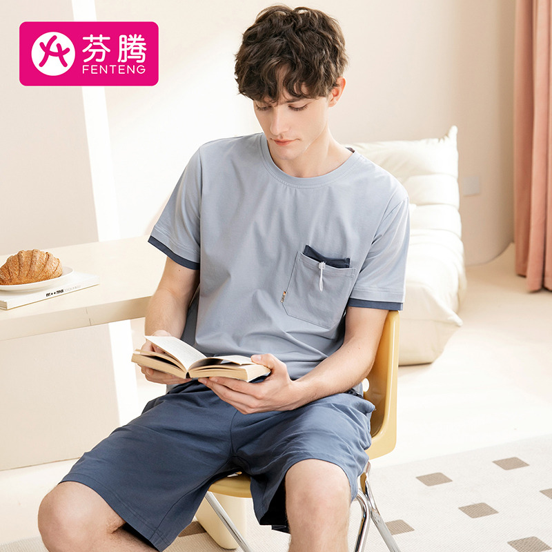 11814426.芬腾【纯棉休闲风套装】2023春夏圆领可外穿短裤家居服内衣男士睡衣男