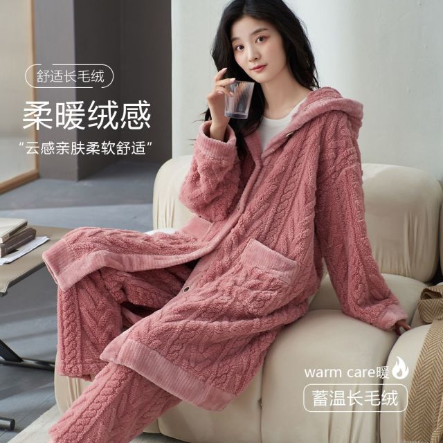 8809800.【加厚长毛绒】女士睡衣女家居服套装秋冬季法兰绒开衫连帽两件套