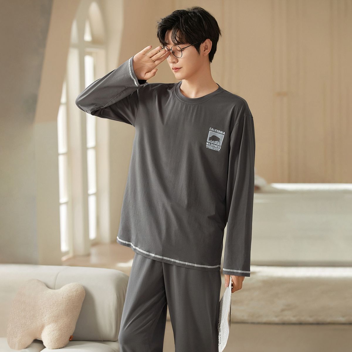 8824397.【100%纯棉】男士睡衣家居服套装春夏新品圆领可外穿长袖长裤