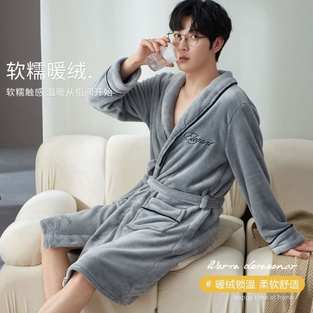 8824326.【加绒加厚珊瑚绒】睡袍男秋冬季保暖长款浴袍睡衣男士家居服外穿