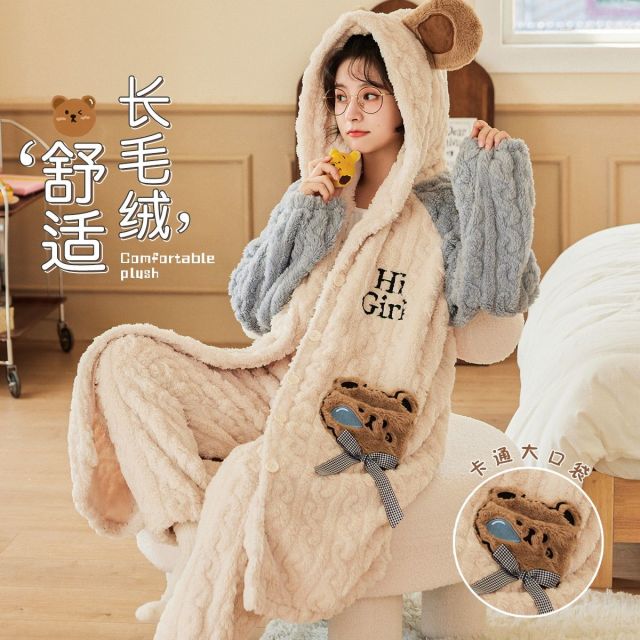 8823720.【舒适长毛绒】女士睡衣女家居服套装秋冬保暖蓄温字母开衫可外穿