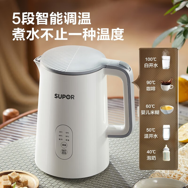 8843165.苏泊尔（SUPOR）1.5L侧显温度烧水壶 触控操作 5段调温保温恒温电热水壶电水壶