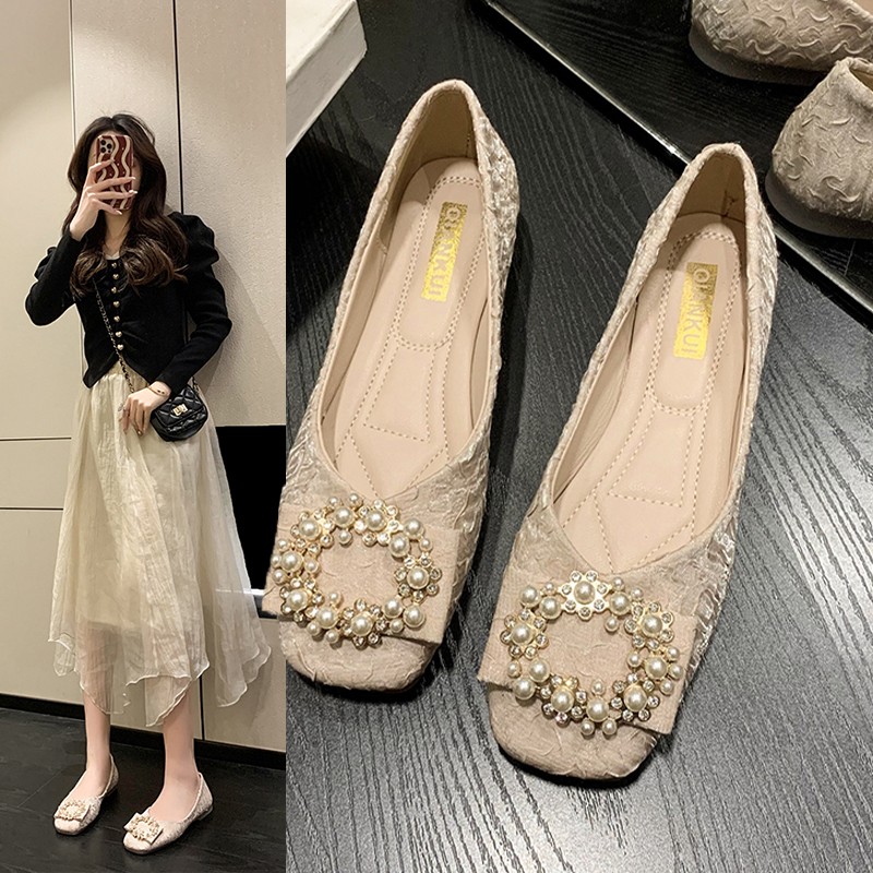 13359560.曼丽玲四季款绒布面料珍珠装饰女士低跟套脚单鞋