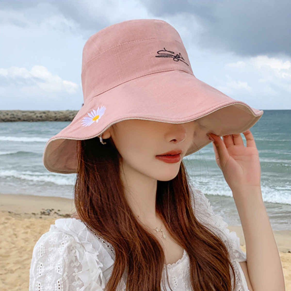 8907146.凯撒【双面带】小雏菊渔夫帽女夏防晒太阳帽韩版潮百搭贝壳帽子大檐双面戴遮阳帽