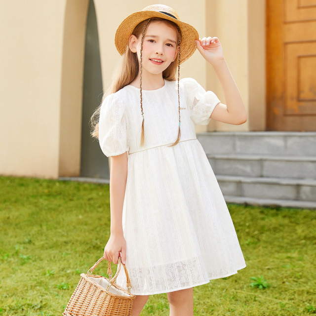 11833258.英氏女童短袖连衣裙夏季新款儿童白色公主裙