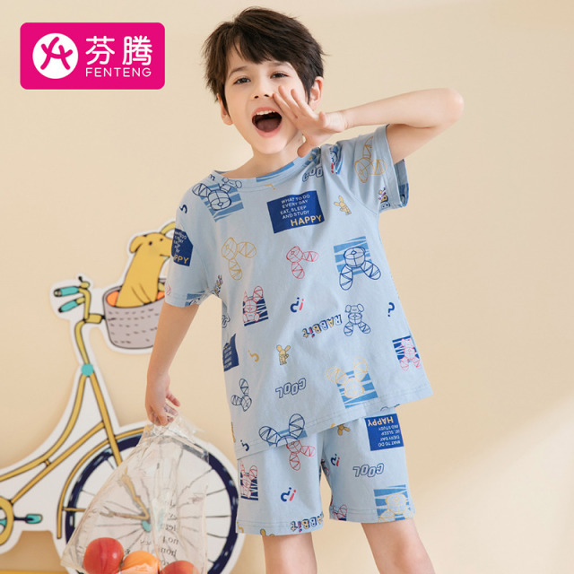 10167975.芬腾【纯棉潮趣印花套装】春夏便捷套头短袖童装家居服内衣男童睡衣男