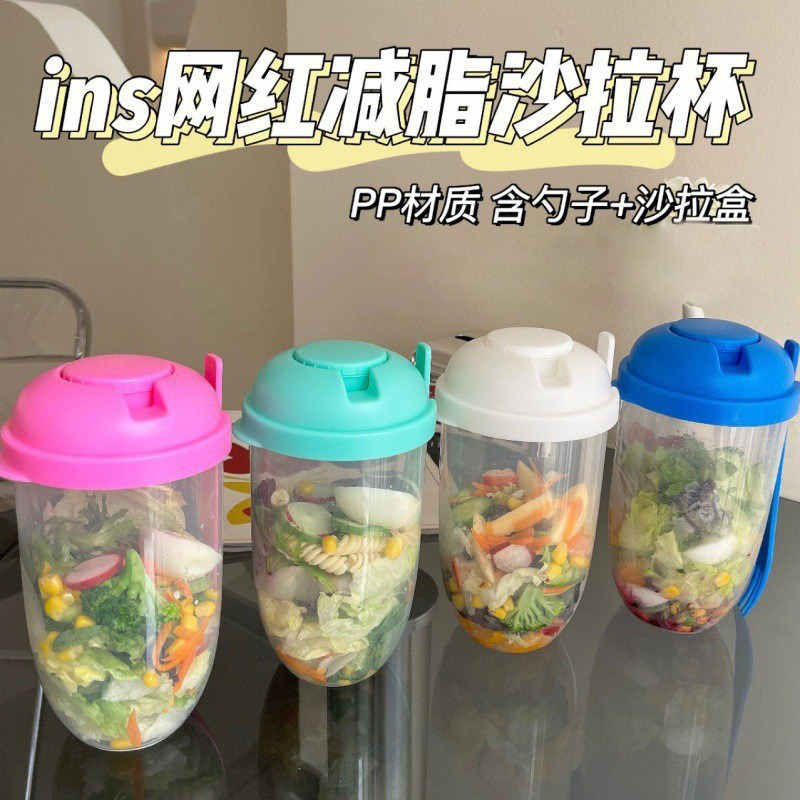 12280887.四体 1000ml带勺盖沙拉杯健身杯随身便捷梅森杯酸奶杯