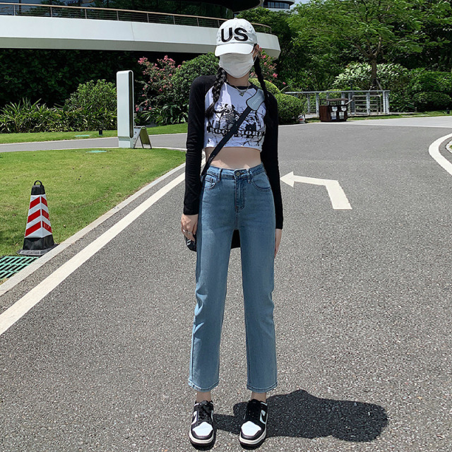 11440843.柒蒙 高腰修身直筒牛仔裤女弹力显瘦九分裤春夏款