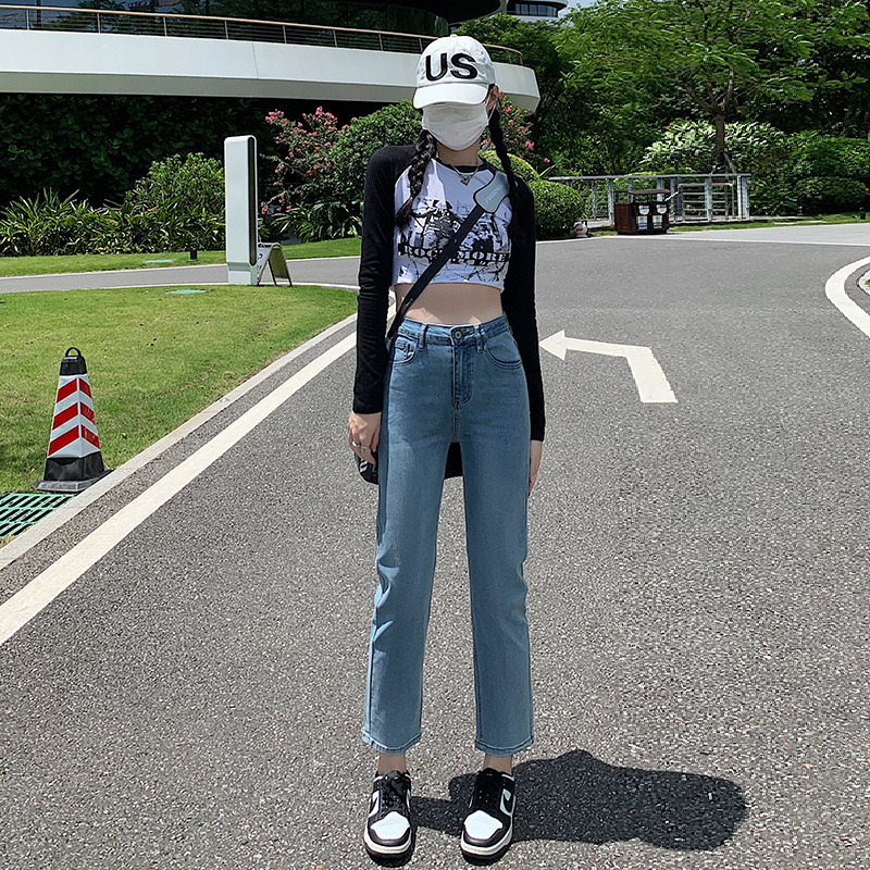 11440843.柒蒙 高腰修身直筒牛仔裤女弹力显瘦九分裤春夏款
