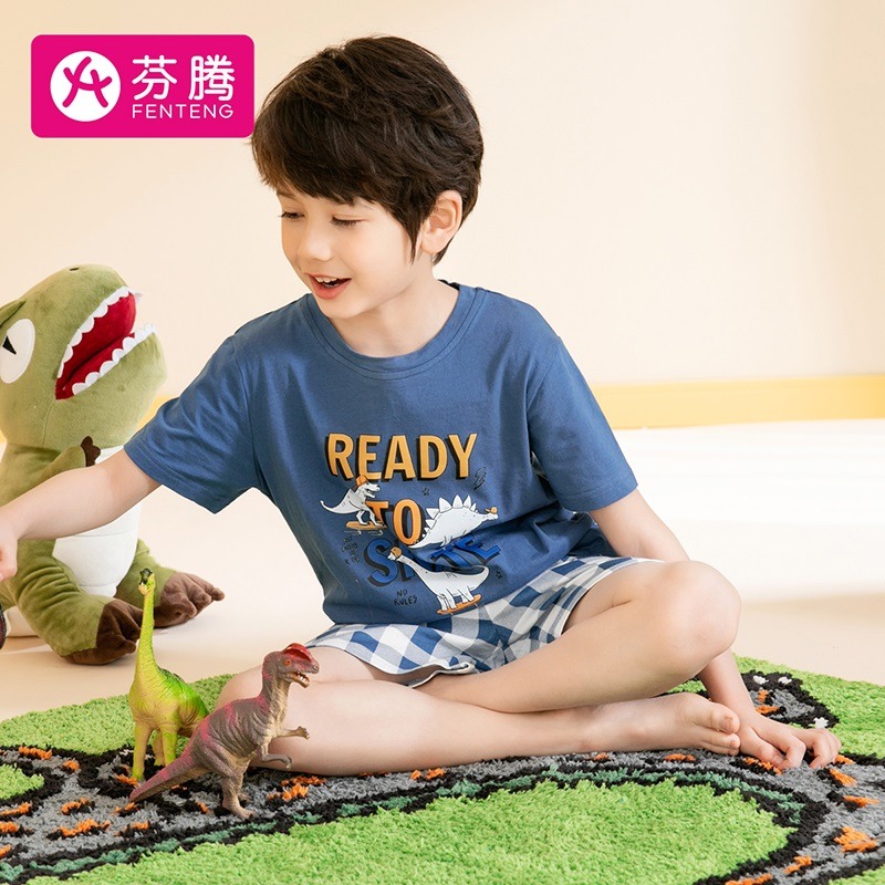 10167978.【福利直降 售完无补】芬腾【纯棉可爱恐龙套装】春夏套头圆领可外穿童装家居服内衣男童睡衣